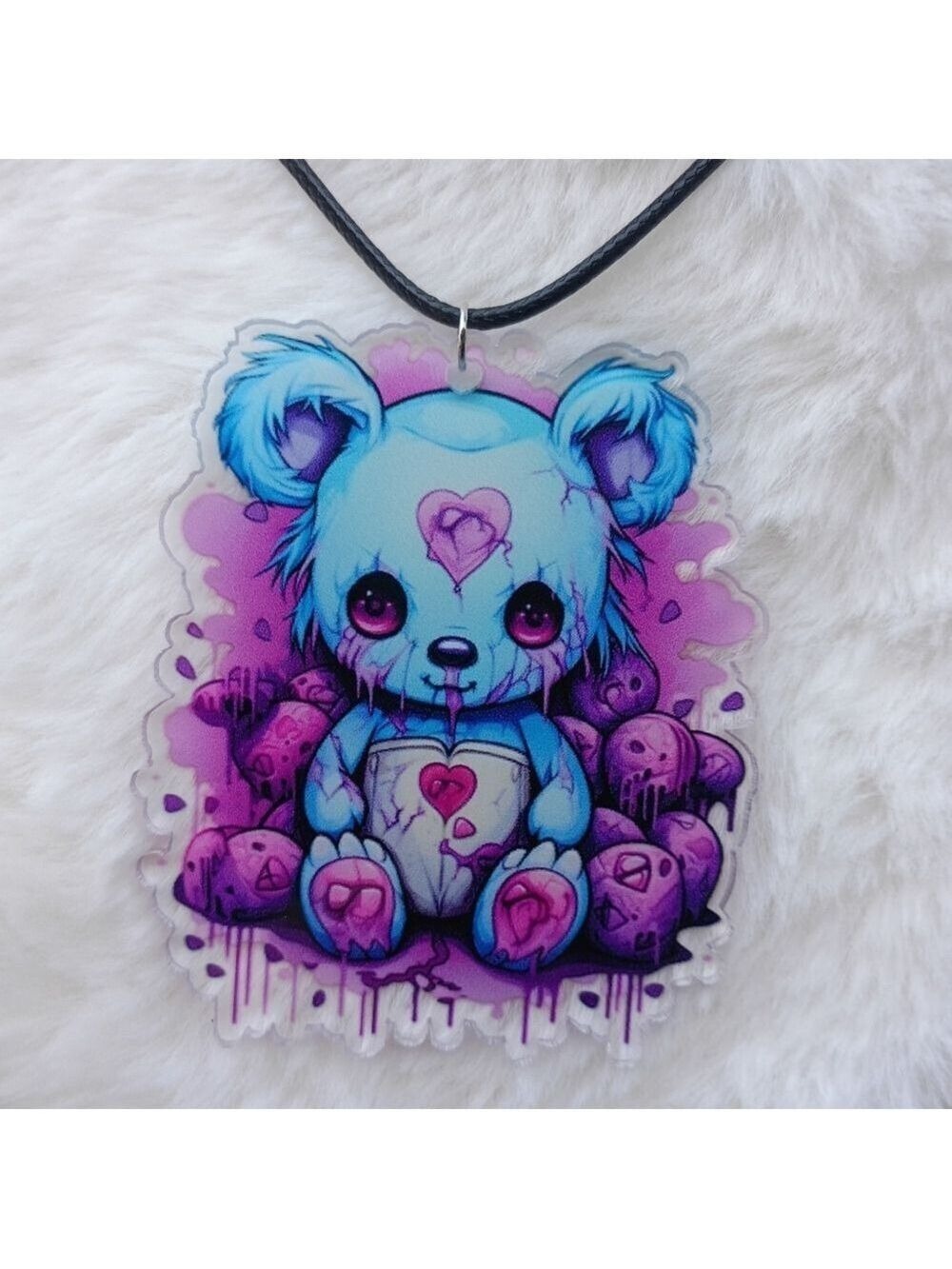2/$10 Blue & Purple Horror Pastel Kawaii Goth Heart Bear Acrylic Necklace